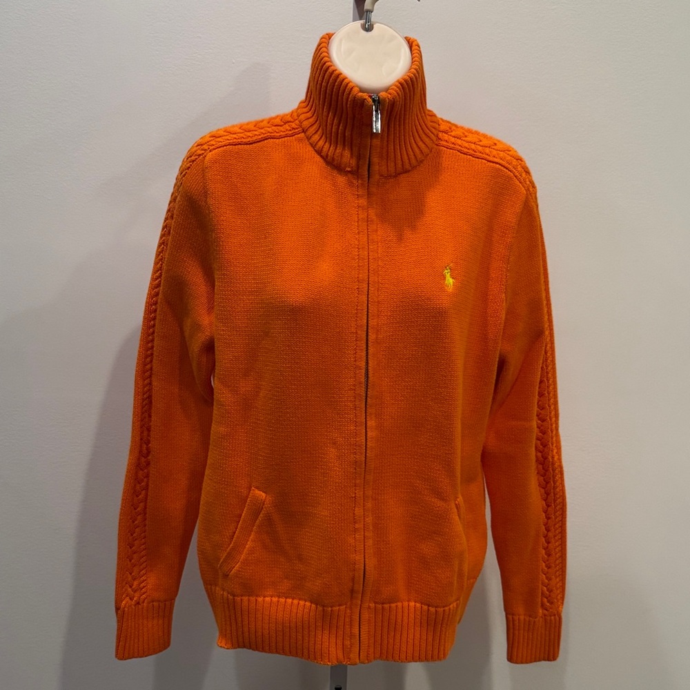 Ralph Lauren Blue Label Orange Sweater Cardigan Women Size L Full Zip Casual